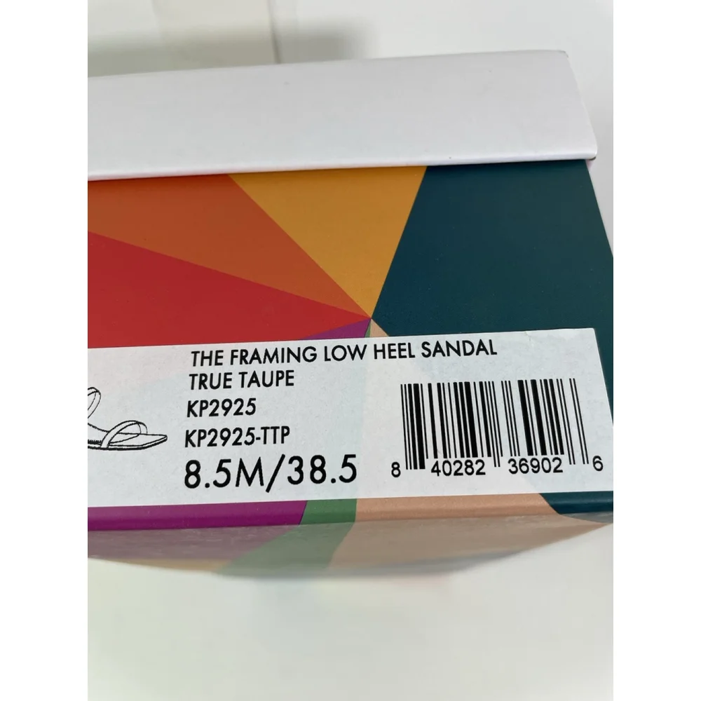 NIB Katy Perry Framing Taupe Slip On Sandal Square Toe Low Gold Heel Size 8.5M - Picture 6 of 6